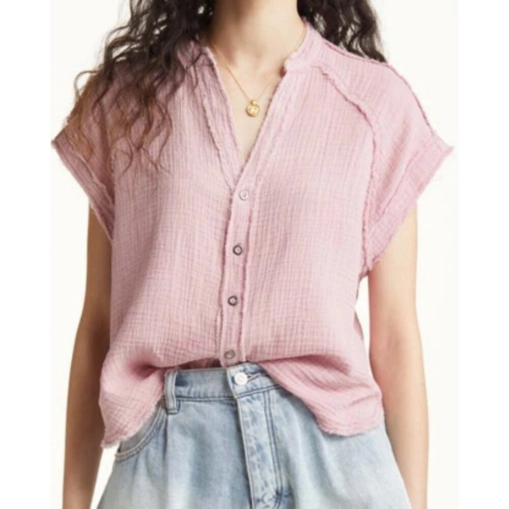 Free People Pink Gauze Button Front Blouse